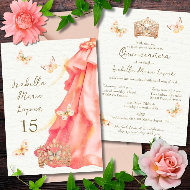 Salmon Pink Dress Butterflies Elegant Quinceañera Invitation (Creator Uploaded)