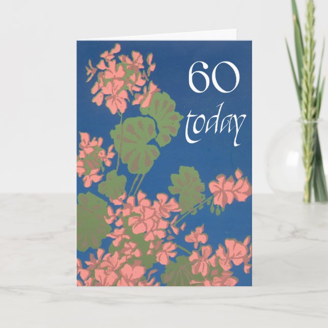 Salmon Pink Geraniums on Deep Blue, 60th Birthday Card (Front)