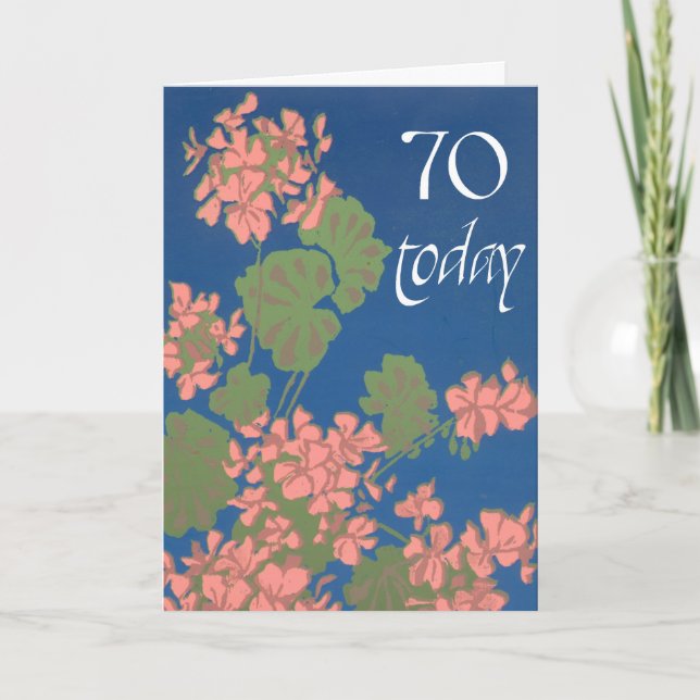 Salmon Pink Geraniums on Deep Blue, 70th Birthday Card (Front)