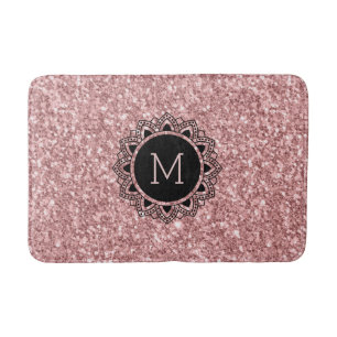 Salmon Pink Glitter, Ornate Circle, Monogram Bath Mat