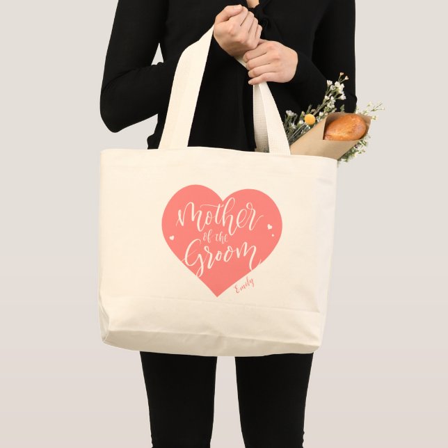 Salmon pink heart & script mother of the groom large tote bag (Front (Product))