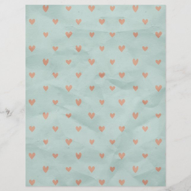 Salmon Pink Hearts Teal Crinkled Scrapbook Paper (Front)