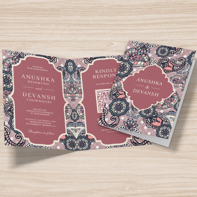 Salmon Pink Paisley Pattern QR Code Indian Wedding Invitation (Creator Uploaded)