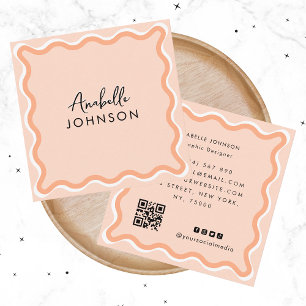 Salmon Pink Retro Wavy Frame Modern Script Name Square Business Card