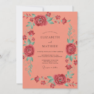 Salmon Pink Rose Wedding Invitation