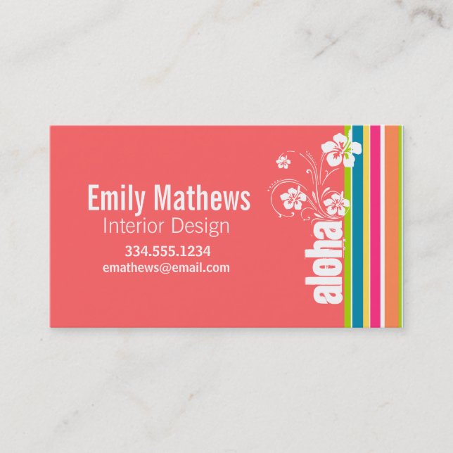 Salmon Pink & Seafoam Green Striped: Aloha Business Card (Front)