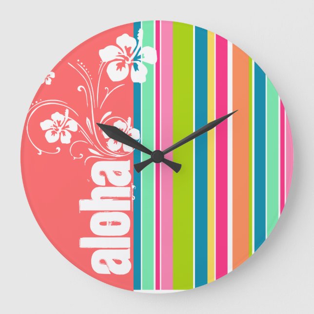 Salmon Pink & Seafoam Green Striped: Aloha Large Clock (Front)
