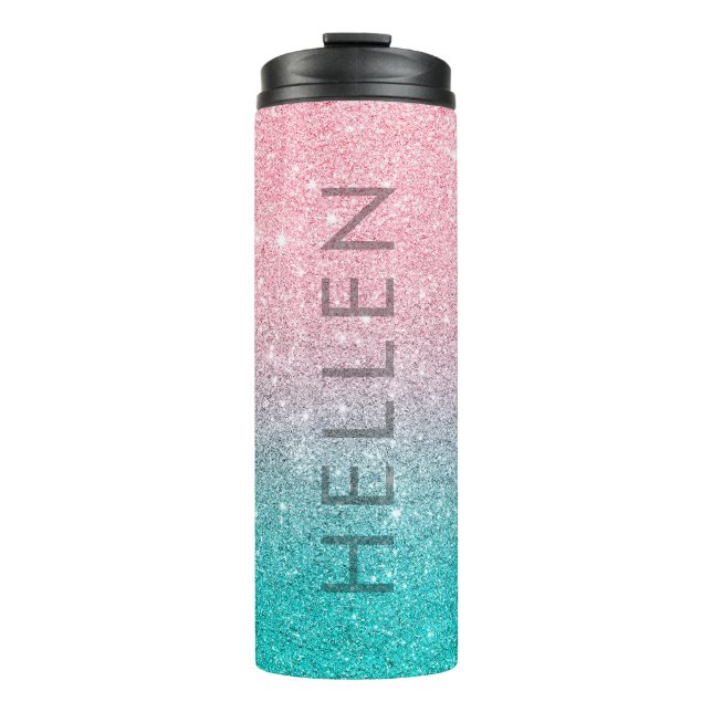 Salmon pink & turquoise glitter ombre thermal tumbler (Front)