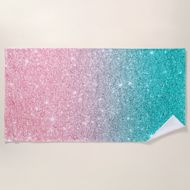 Salmon Pink & Turquoise Ombre Faux Glitter Beach Towel (Front)