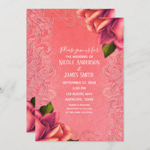 Salmon Pink Vintage Antique Rose Elegant Wedding Invitation