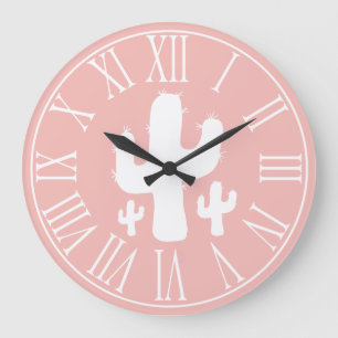 Salmon Pink & White Cactus Silhouette Large Clock
