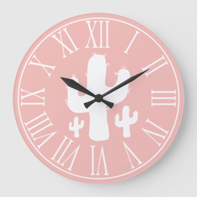 Salmon Pink & White Cactus Silhouette Large Clock (Front)