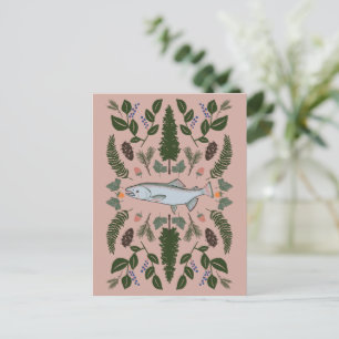 Salmon PNW Nature Fir Ferns Berries Foraging Feast Postcard