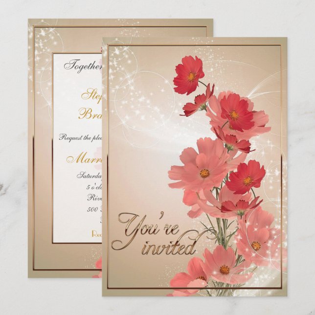 Salmon & Red Flowers/Gold Trim Invitation (Front/Back)