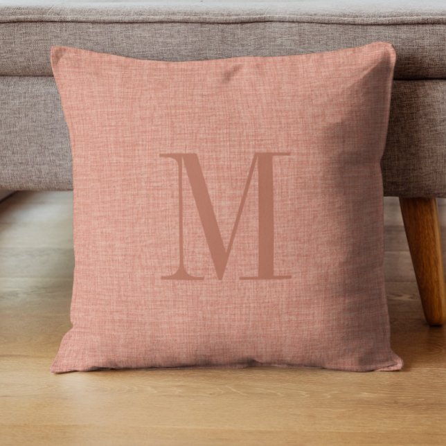 Salmon red linen texture monogram cushion (Creator Uploaded)