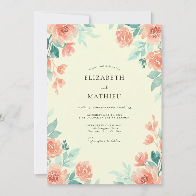 Salmon Seafoam Rose Wedding Invitation (Front)