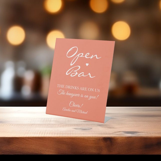 Salmon Signature Script Open Bar Wedding Pedestal Sign (Creator Uploaded)