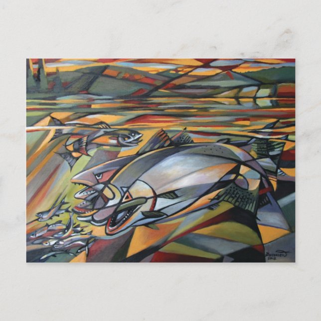Salmon Sunrise cubism Postcard (Front)