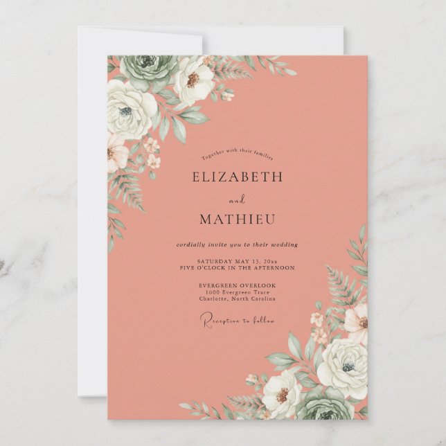 Salmon White Blossom Wedding Invitation (Front)