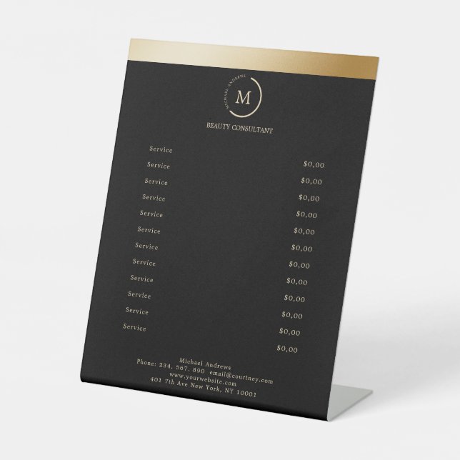 Salon Black Gold Stripe Monogramm Circle Pedestal Sign (Front)