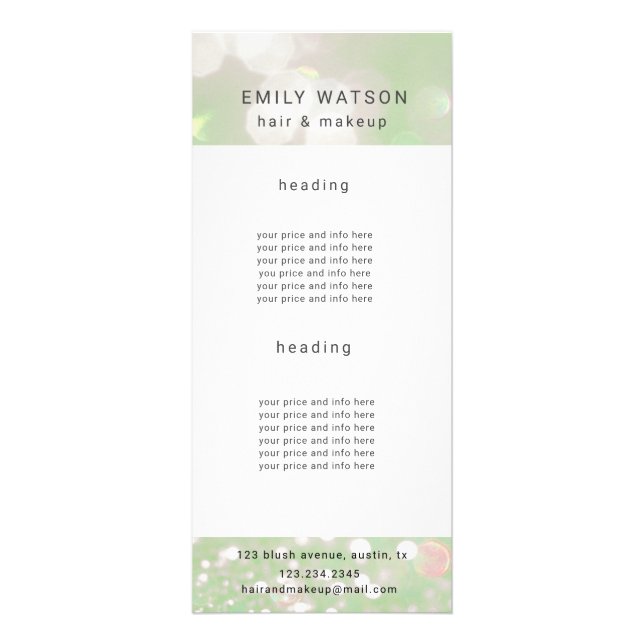 salon bokeh pastel sparkle price list rack card (Front)
