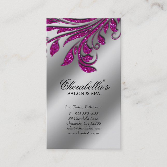 Salon Business Card Elegant Pink Silver Glitter HP (Front)