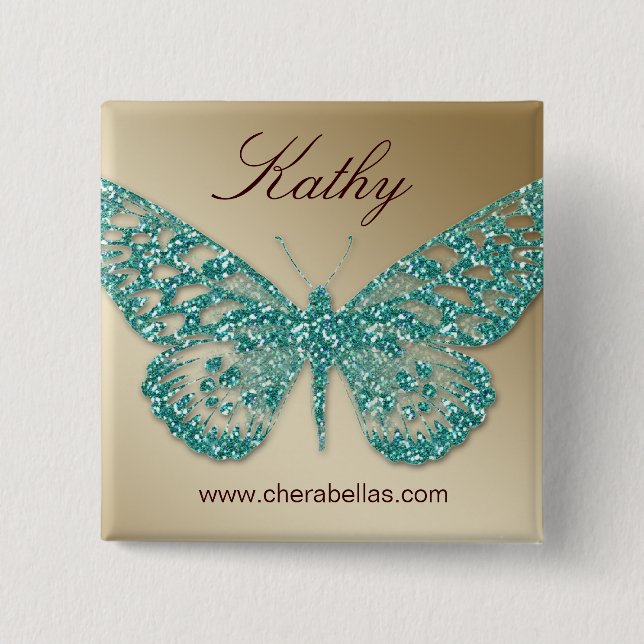 Salon Butterfly Name Tag Button Teal Gold (Front)