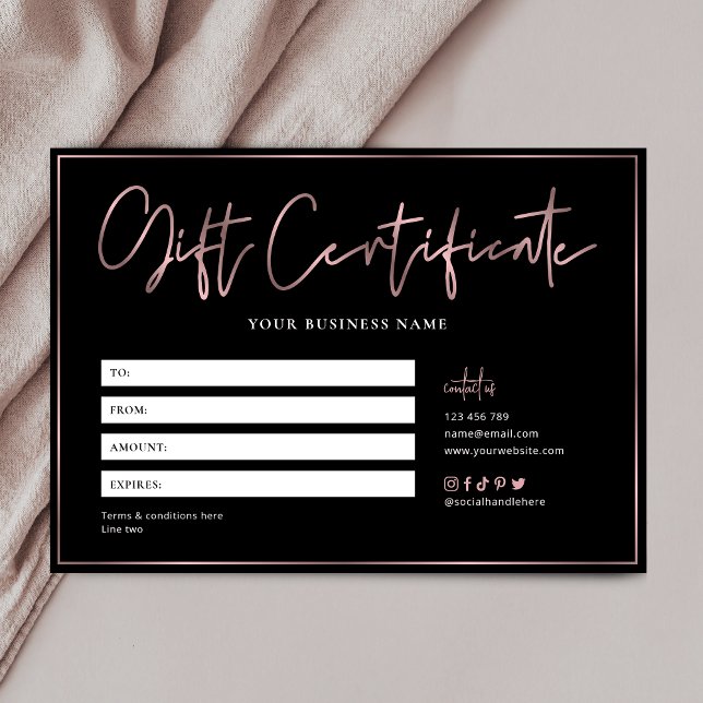 Salon Chic Rose Gold Black Trendy Gift Certificate (Creator Uploaded)