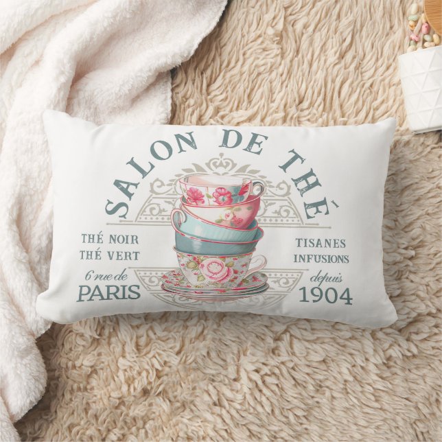 Salon de Thé Tearoom French Pink Teal Teacup Tea Lumbar Cushion (Blanket)