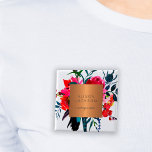 Salon employee copper metallic watercolor bouquet<br><div class="desc">Luxurious classy and glamourous professional pin button featuring a watercolor red, pink and blush peonies boho bouquet with navy blue and purple feathers for makeup artist | hairstylist | fashion stylist | beauty salon | boutique | sales consultant | interior design studio employee with a shiny beige tan copper metallic...</div>