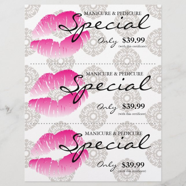 Salon Flyer Spa Lips Pink Damask Floral (Front)
