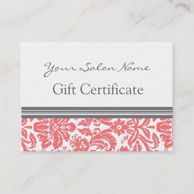 Salon Gift Certificate Coral Grey Damask (Front)