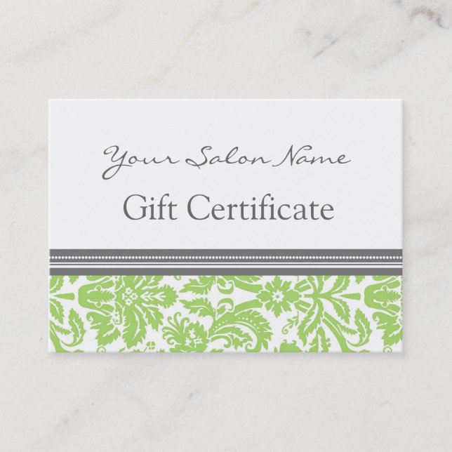 Salon Gift Certificate Lime Grey Damask (Front)