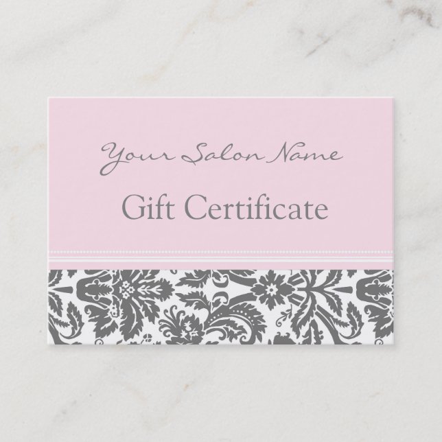 Salon Gift Certificate Pink Grey Damask (Front)