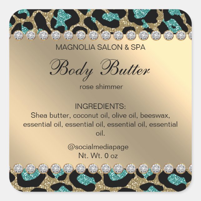 Salon Glitter Leopard Teal Square Sticker (Front)