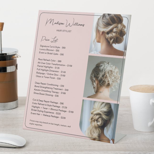 Salon Hair Stylist Pink Services Price List Pedestal Sign (In SItu)