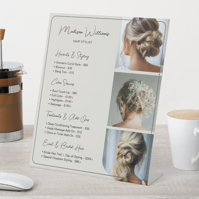 Salon Hair Stylist Services Price List Pedestal Sign (In SItu)
