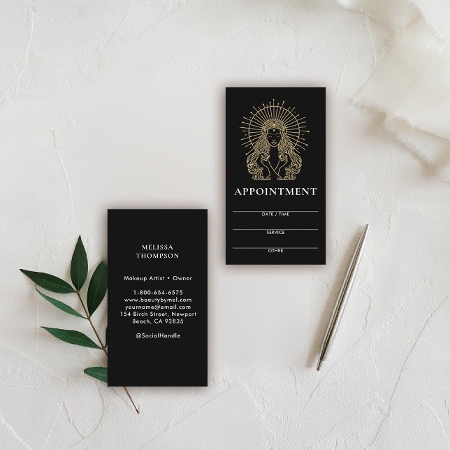 Salon Makeup Hair Nails Mystic Tarot Gold Black Appointment Card (hair salon appointment card mystical tarot celestial beauty makeup nails lashes stylist beauty)