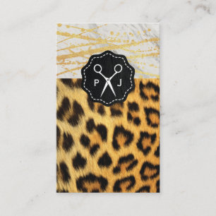Salon Monogram Marble Trim Cheetah and Leather Business Card