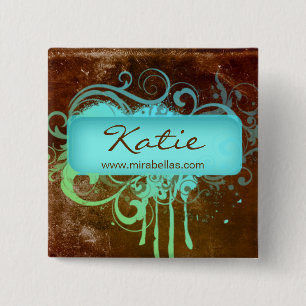 Salon Name Tag Button Brooch blue grunge flower