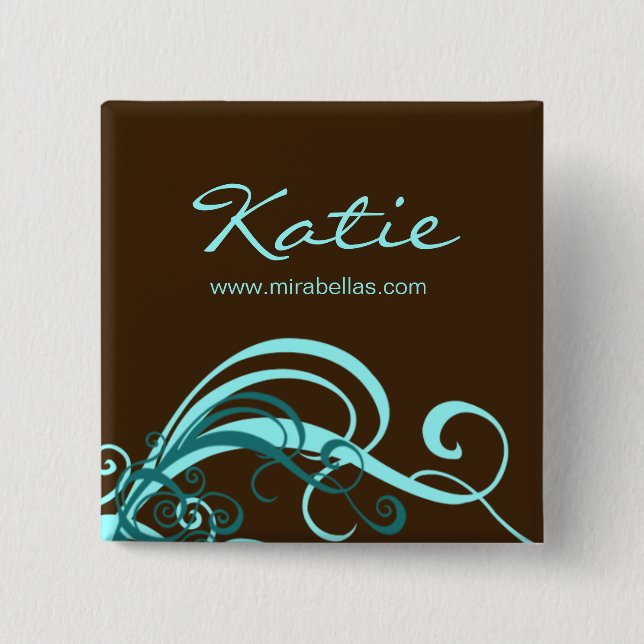 Salon Name Tag Button Brooch blue swirls (Front)