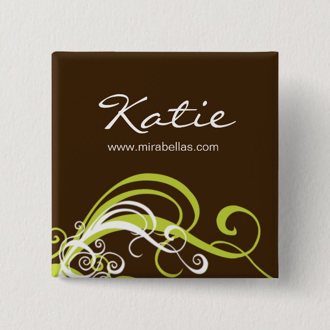 Salon Name Tag Button Brooch lime green swirls (Front)