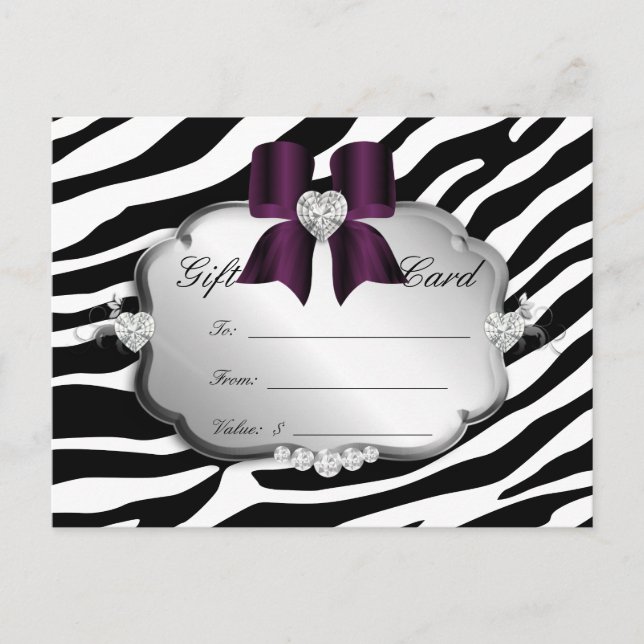 Salon Postcard Zebra Jewels Bow Eggplant (Front)