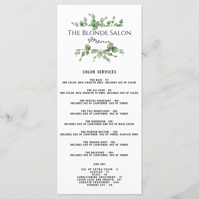 Salon Price List Menu (Front)