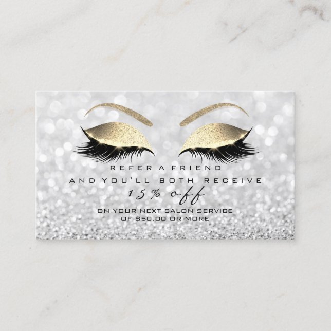 Salon Referral Card Glitter Silver Gold Lashes (Front)