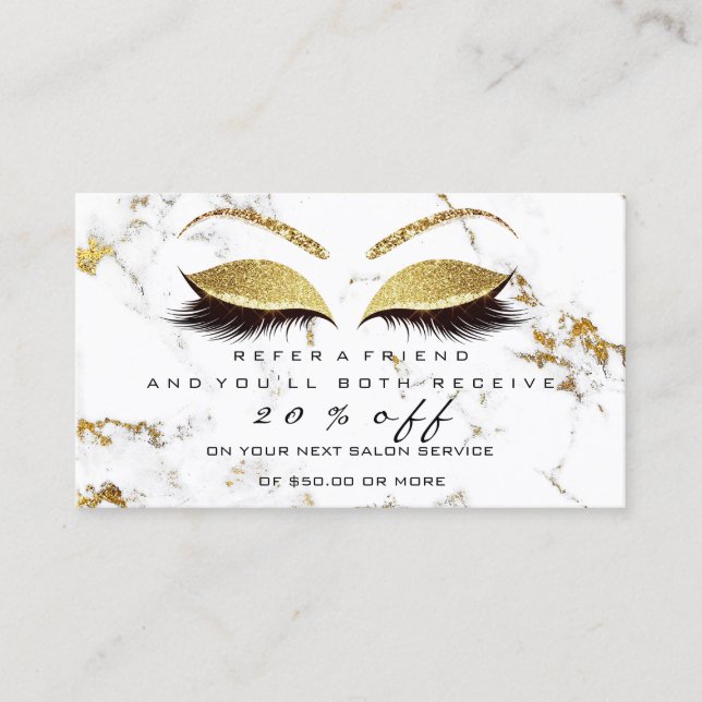 Salon Referral Card Makeup Gold Marble Lash White (Front)