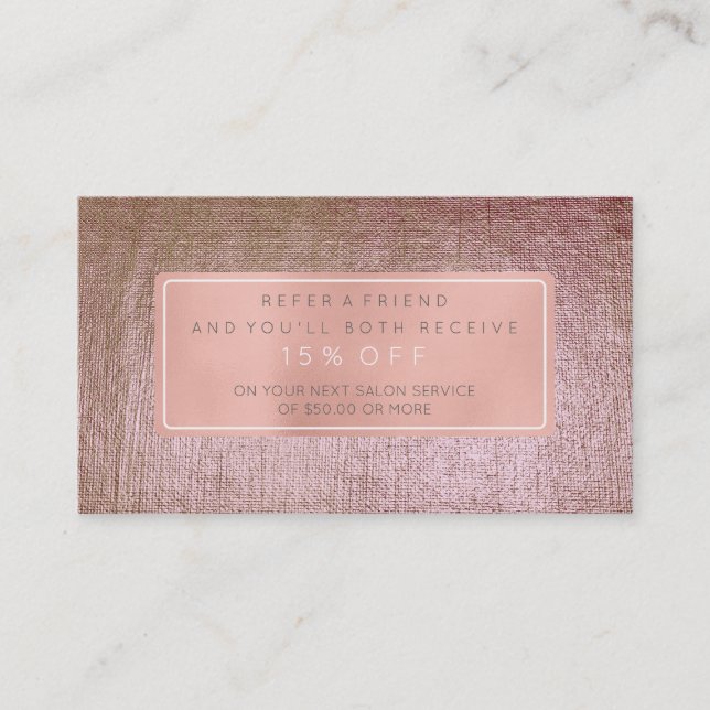 Salon Referral Card Pink Gold Rose Brush Metallic (Front)