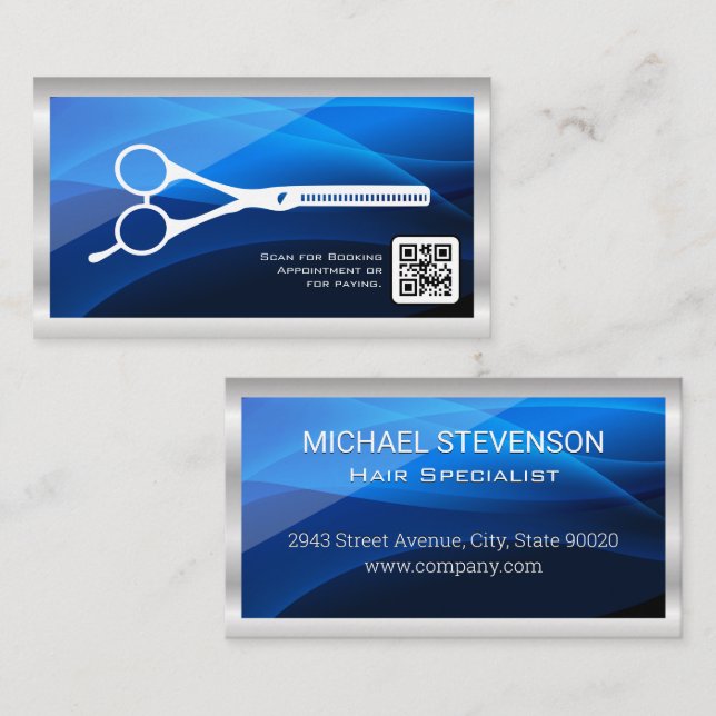 Salon Scissors | Blue Waves Layers | QR Code Business Card (Front/Back)