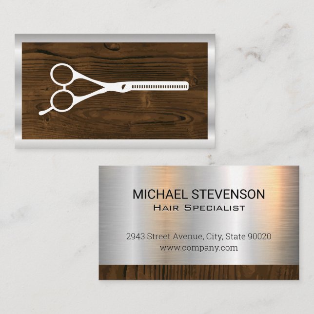 Salon Scissors | Wood Metallic  Business Card (Front/Back)
