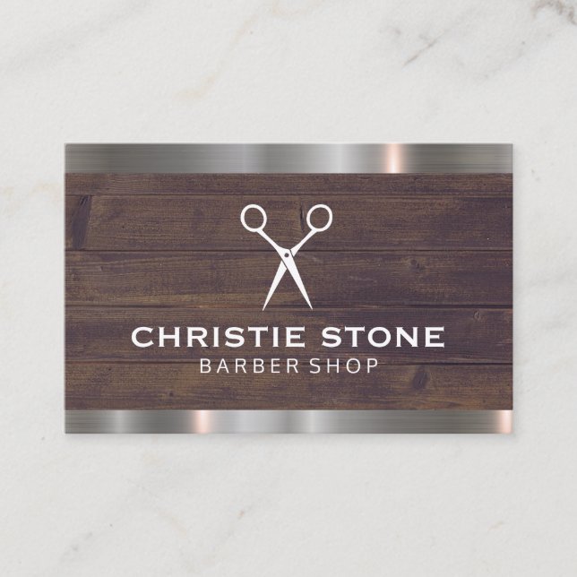 Salon Shears Rustic Wood Metal Trim Business Card (Front)